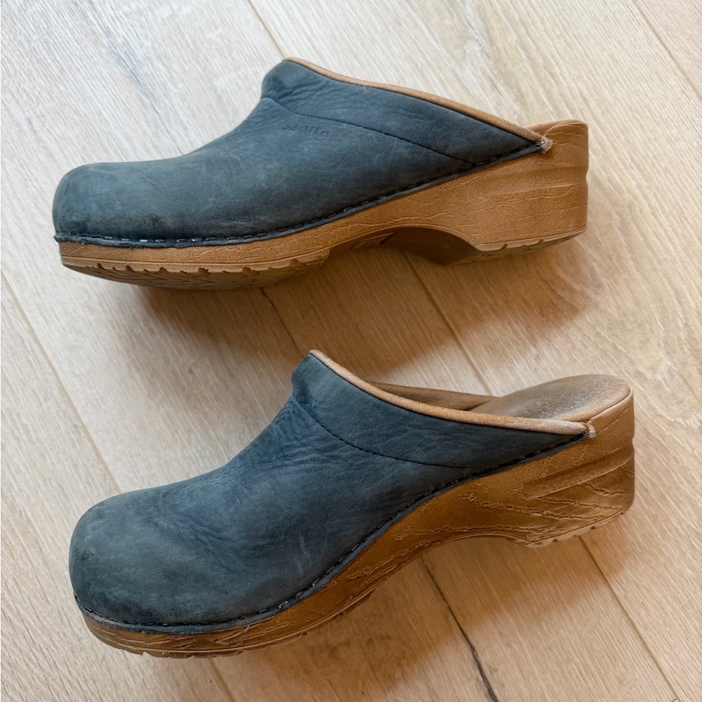 Sanita open back clog, blue suede, size 40 EU